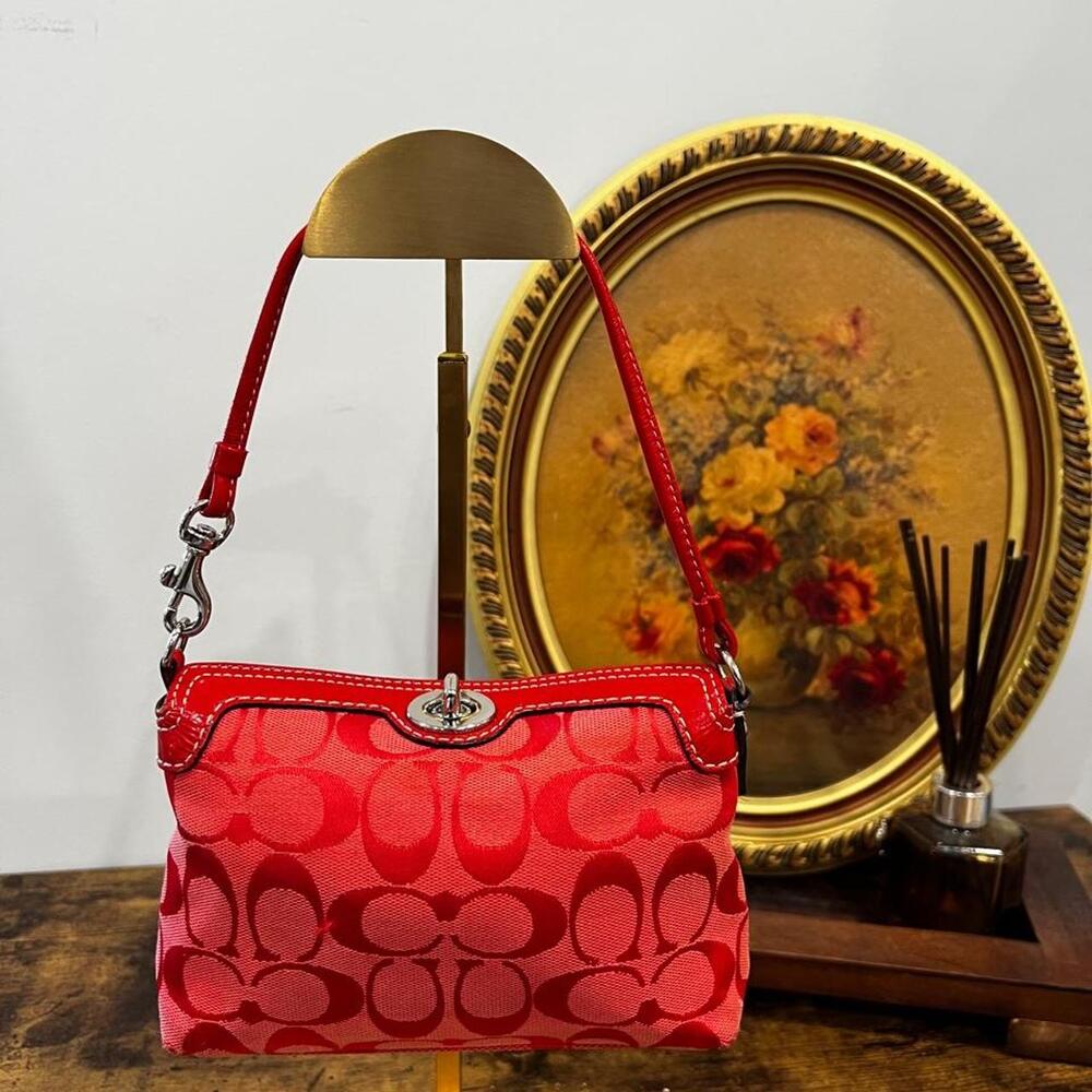 Coach Red Signature C Jacquard Small Turnlock Shoulder Bag Wristlet - Y2K Vintag